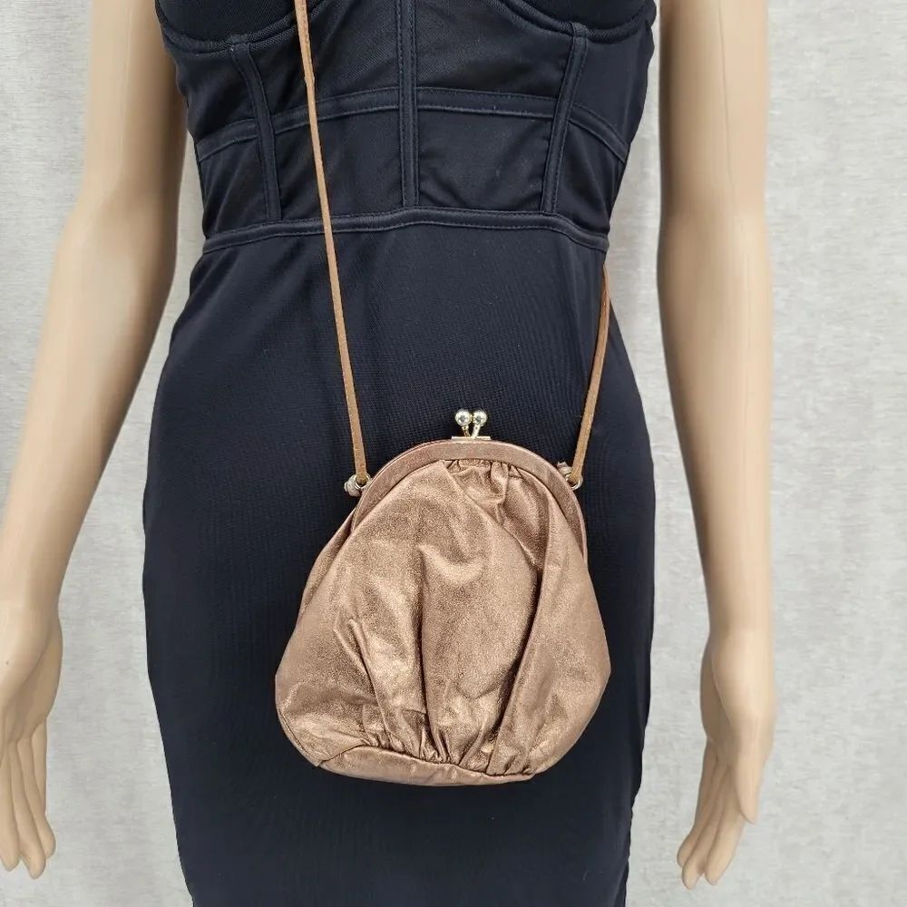 Karen Vintage 80s Mini Crossbody Bag Bronze Leather Glam Kiss Lock Bag